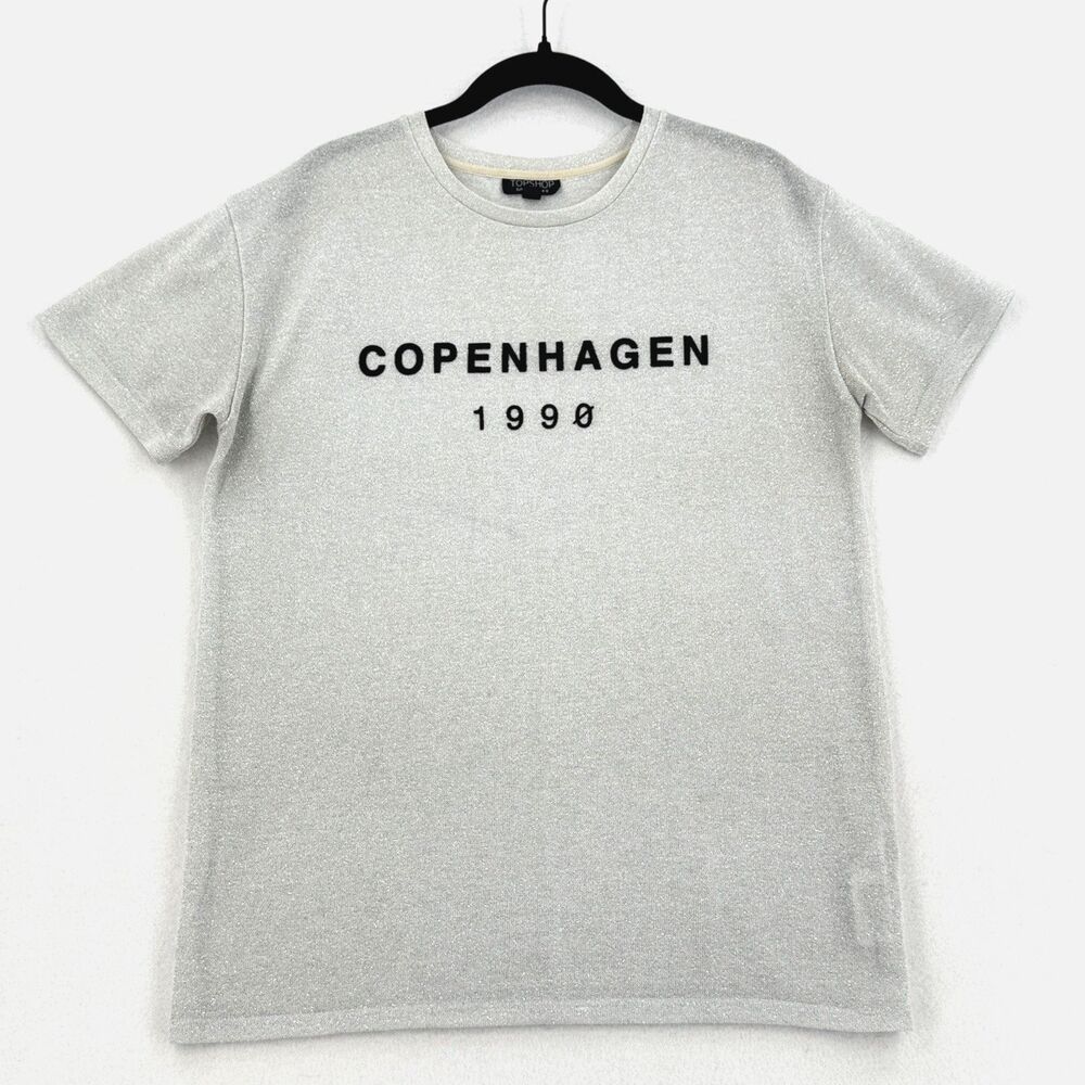 Topshop Copenhagen 1990 T Shirt Women US 8 Silver Metallic Graphic Y2K Tee